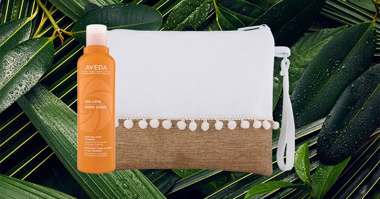 pochette Aveda in cotone organico e sun care hair and body cleanser